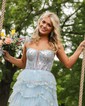 Ball Gown V-neck Tulle Tiered Prom Dresses With Appliques