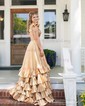 A-line V-neck Satin Cut Out Ruffle Tiered Prom Dresses