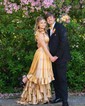 A-line V-neck Satin Cut Out Ruffle Tiered Prom Dresses