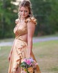 A-line V-neck Satin Cut Out Ruffle Tiered Prom Dresses