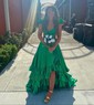 A-line V-neck Satin Cut Out Ruffle Tiered Prom Dresses