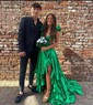 A-line V-neck Satin Cut Out Ruffle Tiered Prom Dresses