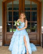 Ball Gown Off-the-shoulder Tulle Tiered Prom Dresses With Appliques