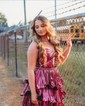 Sparkly Ball Gown V-neck Metallic Tiered Prom Dresses