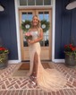 Sheath/Column Square Neck Jersey Beaded Prom Dresses With Ruched