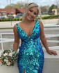 Sheath/Column V-neck Backless Sparkly Sequin Prom Dresses