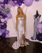 Sheath/Column Strapless Satin Beaded Prom Dresses With Ruffle