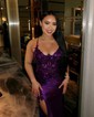 Mermaid V-neck Satin Beaded Prom Dresses With Appliques