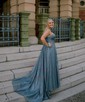 A-line Cowl Neck Tulle Prom Dresses With Ruched