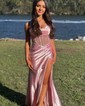 Sheath/Column Cowl Neck Satin Corset Prom Dresses With Beading