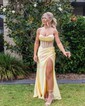 Sheath/Column Cowl Neck Satin Corset Prom Dresses With Beading