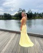 Sheath/Column Cowl Neck Satin Corset Prom Dresses With Beading