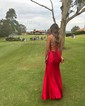 Sheath/Column Cowl Neck Satin Corset Prom Dresses With Beading
