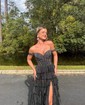 Ball Gown Off-the-shoulder Satin Tiered Prom Dresses With Beading
