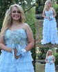 Ball Gown Strapless Chiffon Ruffle Tiered Prom Dresses With Appliques