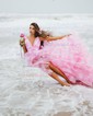 Ball Gown V-neck Tulle Floral Ruffle Tiered Prom Dresses