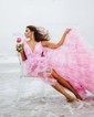 Ball Gown V-neck Tulle Floral Ruffle Tiered Prom Dresses