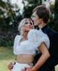 A-line Square Neck Tulle Two Piece Tiered Prom Dresses With Puff Sleeve