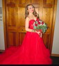 Ball Gown Strapless Tulle Ruffle Tiered Prom Dresses With Appliques