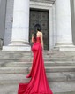 Sheath/Column V-neck Satin Floor-length Corset Prom Dresses With Ruched