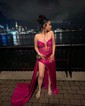 Sheath/Column V-neck Satin Floor-length Corset Prom Dresses With Ruched