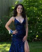 Mermaid V-neck Sparkly Sequin Prom Dresses With Beading