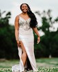 Mermaid V-neck Satin Beaded Prom Dresses With Appliques