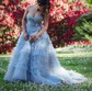 Ball Gown Strapless Tulle Ruffle Tiered Prom Dresses With Beading