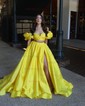 Ball Gown Square Neck Satin Two Piece Prom Dresses With Puff Sleeve