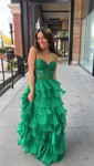 Ball Gown Strapless Chiffon Ruffle Tiered Prom Dresses With Appliques