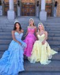 Ball Gown Strapless Chiffon Ruffle Tiered Prom Dresses With Appliques