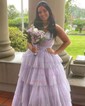 Ball Gown V-neck Tulle Ruffle Tiered Prom Dresses