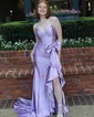Sheath/Column V-neck Satin Corset Prom Dresses With Bow