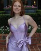 Sheath/Column V-neck Satin Corset Prom Dresses With Bow