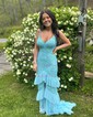 Mermaid V-neck Chiffon Cut Out Tiered Prom Dresses With Appliques