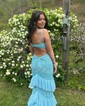 Mermaid V-neck Chiffon Cut Out Tiered Prom Dresses With Appliques