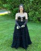 Ball Gown Strapless Tulle Ruffle Tiered Prom Dresses With Bow