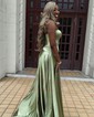Sheath/Column Strapless Satin Cut Out Prom Dresses With Ruched