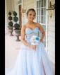 Ball Gown Strapless Tulle Tiered Prom Dresses With Appliques
