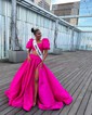 Ball Gown Square Neck Satin Two Piece Prom Dresses With Puff Sleeve