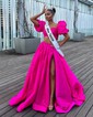 Ball Gown Square Neck Satin Two Piece Prom Dresses With Puff Sleeve