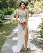 Sheath/Column Strapless Sparkly Sequin Prom Dresses With Beading