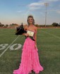Ball Gown Strapless Chiffon Ruffle Tiered Prom Dresses With Appliques