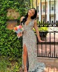 Sheath/Column V-neck Backless Sparkly Sequin Prom Dresses