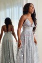 A-line V-neck Lace Sparkly Prom Dresses With Star