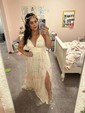 A-line V-neck Lace Sparkly Prom Dresses With Star