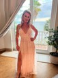A-line V-neck Lace Sparkly Prom Dresses With Star