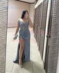 Sheath/Column Off-the-shoulder Satin Prom Dresses With Beading