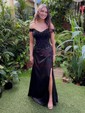 Sheath/Column Off-the-shoulder Satin Prom Dresses With Beading
