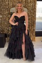 Ball Gown Strapless Satin Chiffon Ruffle Tiered Prom Dresses